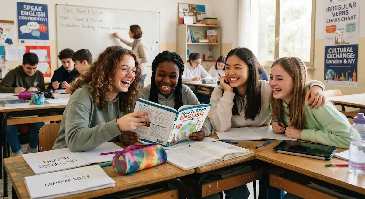 ragazzi sui banchi di scuola che ridono