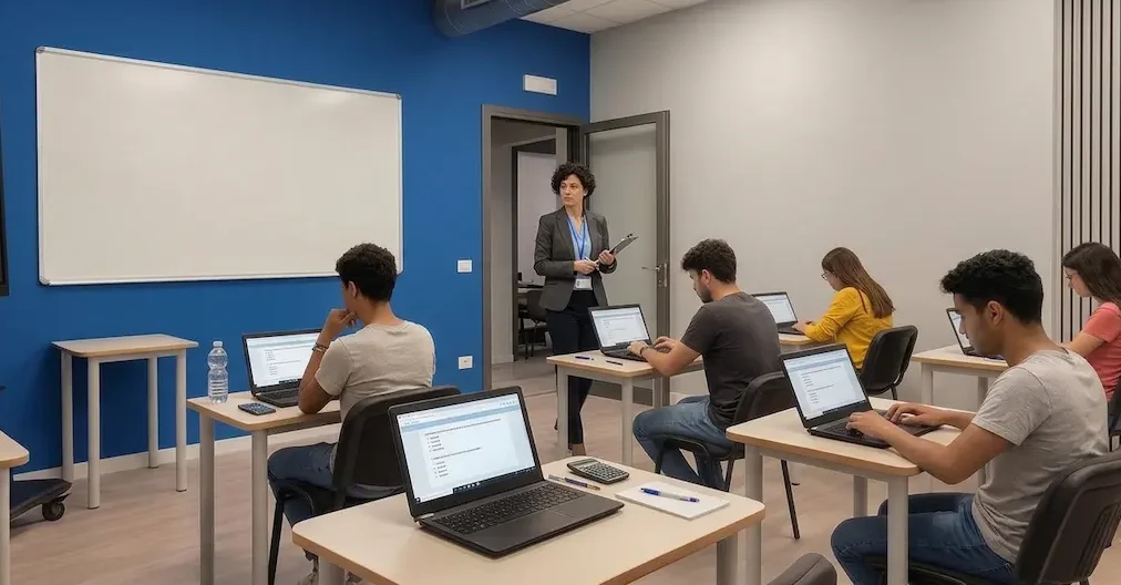 Ragazzi che stanno seduti al tavolo davanti ad un computer a svolgere un esame