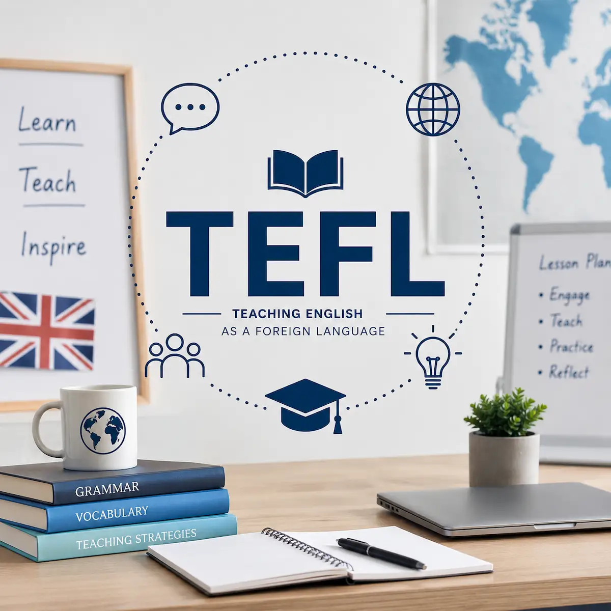 immagine di una scrivania con una lavagna con scritto tefl